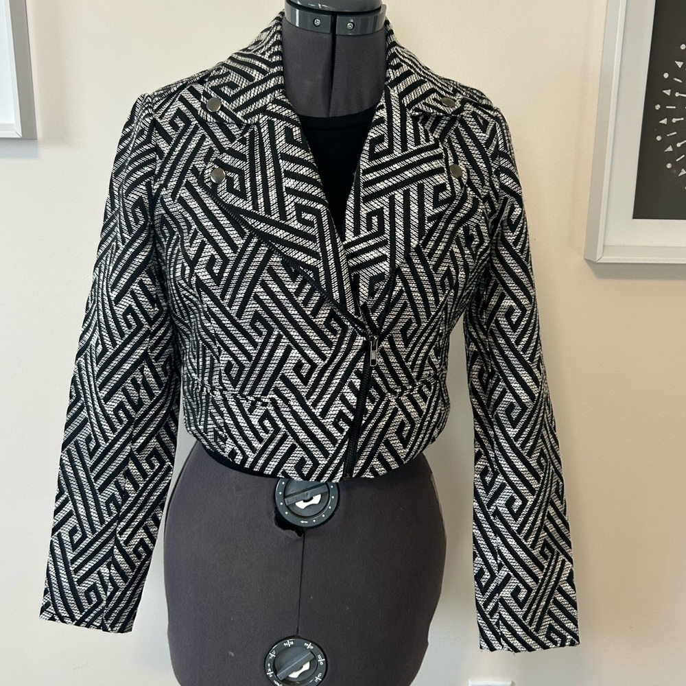Black White Geometric Moto Jacket Cropped Blazer Women's Small Statement Jacket